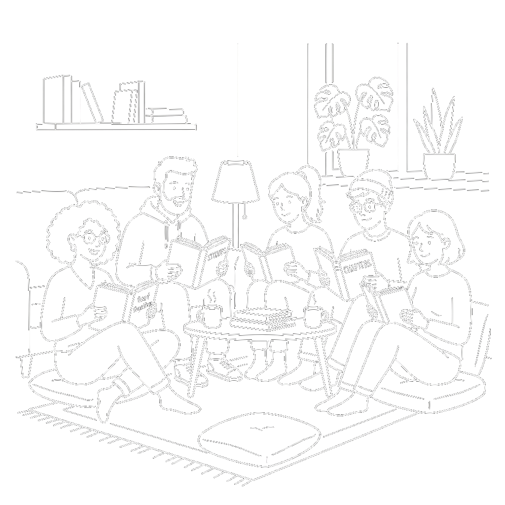 A group of friends reading books together